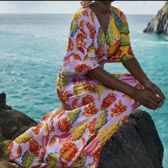 Farm Rio Anthropologie Beaks and Bananas lilac maxi wrap dress size S - Picture 2 of 14